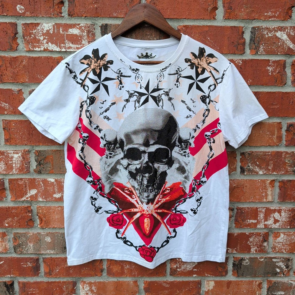 Heads or Tails Graphic T-Shirt Men XL White Rhinestone Skull Studded Edgy Tee